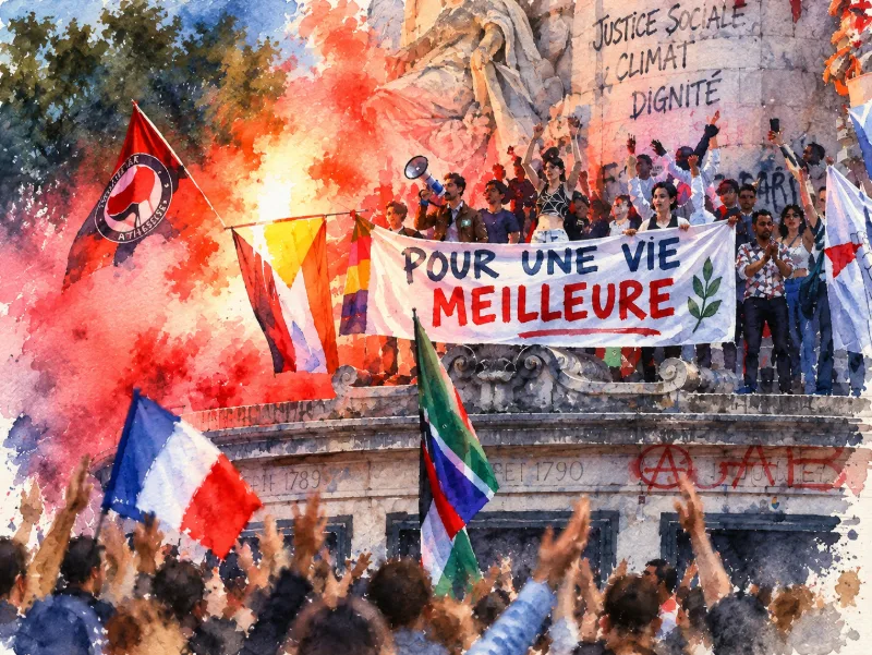 Die Krawalle und das Chaos in den Strassen von Paris werden zum Mahnmal. Wir sehen Menschen die Demonstrieren. Wir sehen Sehnsucht nach einem besseren Leben. Ein Fotos wurde mittels KI zum Aquarell umgestaltet.