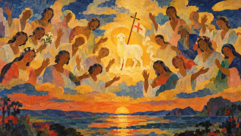 Vediamo persone che ci guardano dall’eternità. Dipinto nello stile di Paul Gaugins. Sono collegate al nostro mondo attraverso la creazione.