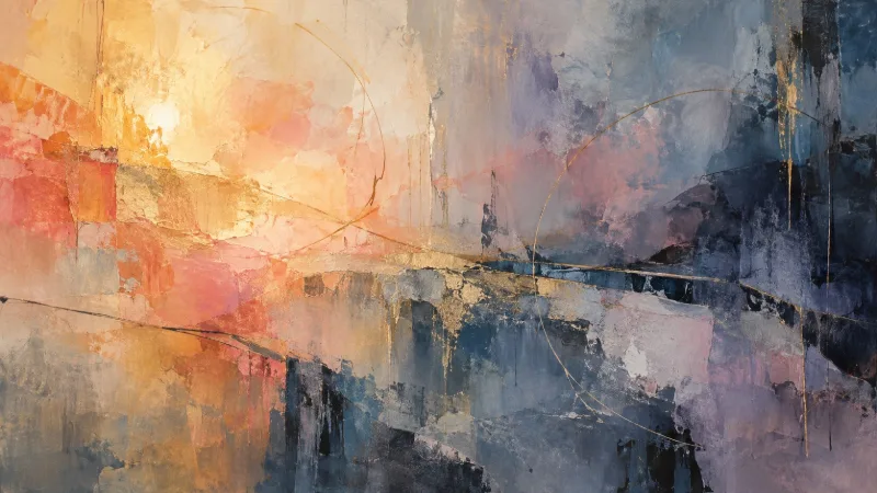 As in a watercolor, bright, reddish, pastel color gradients blend with darker elements. Between them, fine lines show the connections.